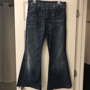 Dark denim flare jeans.